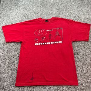 VINTAGE Wisconsin Badgers Shirt Mens Large Red White Basketball Starter FLAW